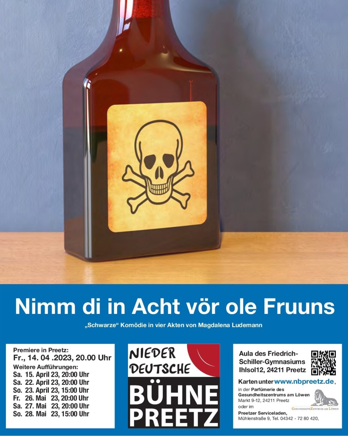 "Nimm di in Acht vör ole Fruuns" in PreetzZwei Schwestern, Witwen mit kleinen Renten, die zusammenleben, müssen äußerst sparsam mit ihrem Geld umgehen. Das bringt sie auf die Idee, das Geld für das Essen zu sparen, indem sie sich als gute Bekannte der Verstorbener zu diversen Leichenschmäusen nach einer Beerdigung selbst einladen. Obwohl sie ihren Wirkungskreis auf die umliegenden Ortschaften ausdehnen – irgendwann sind alle in Frage kommenden „Kunden“ unter der Erde – ist jetzt guter Rat gefragt. Also, eine Lösung muss gefunden werden – und alte Damen können ganz schön erfinderisch sein.Premiere:  14. April 2023 20:00 Uhr in der Aula des Gymnasiums PreetzWeitere Informationen zu Terminen und Tickets gibt es auf unserer Webseite.